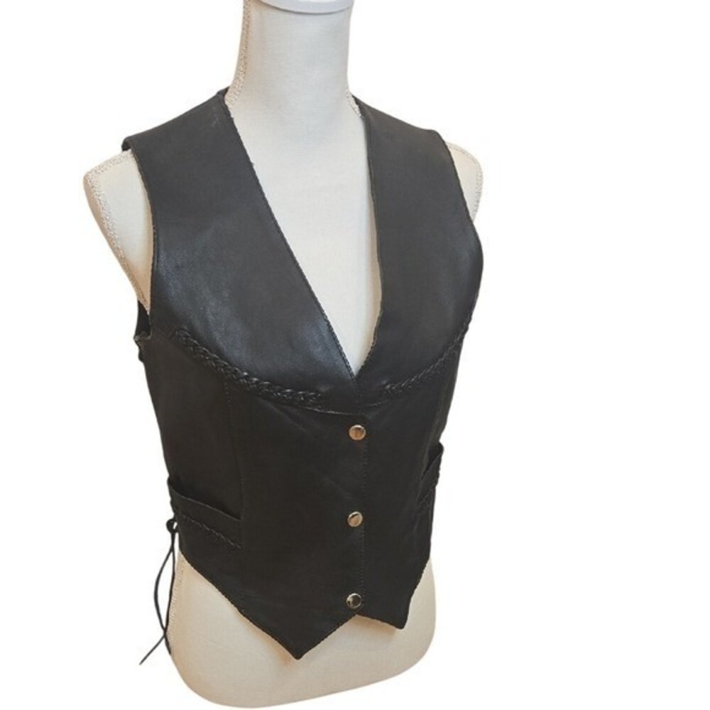 UNIK 90s Y2K Vintage Women's Leather Biker Vest Black Button Lace Up Size Small